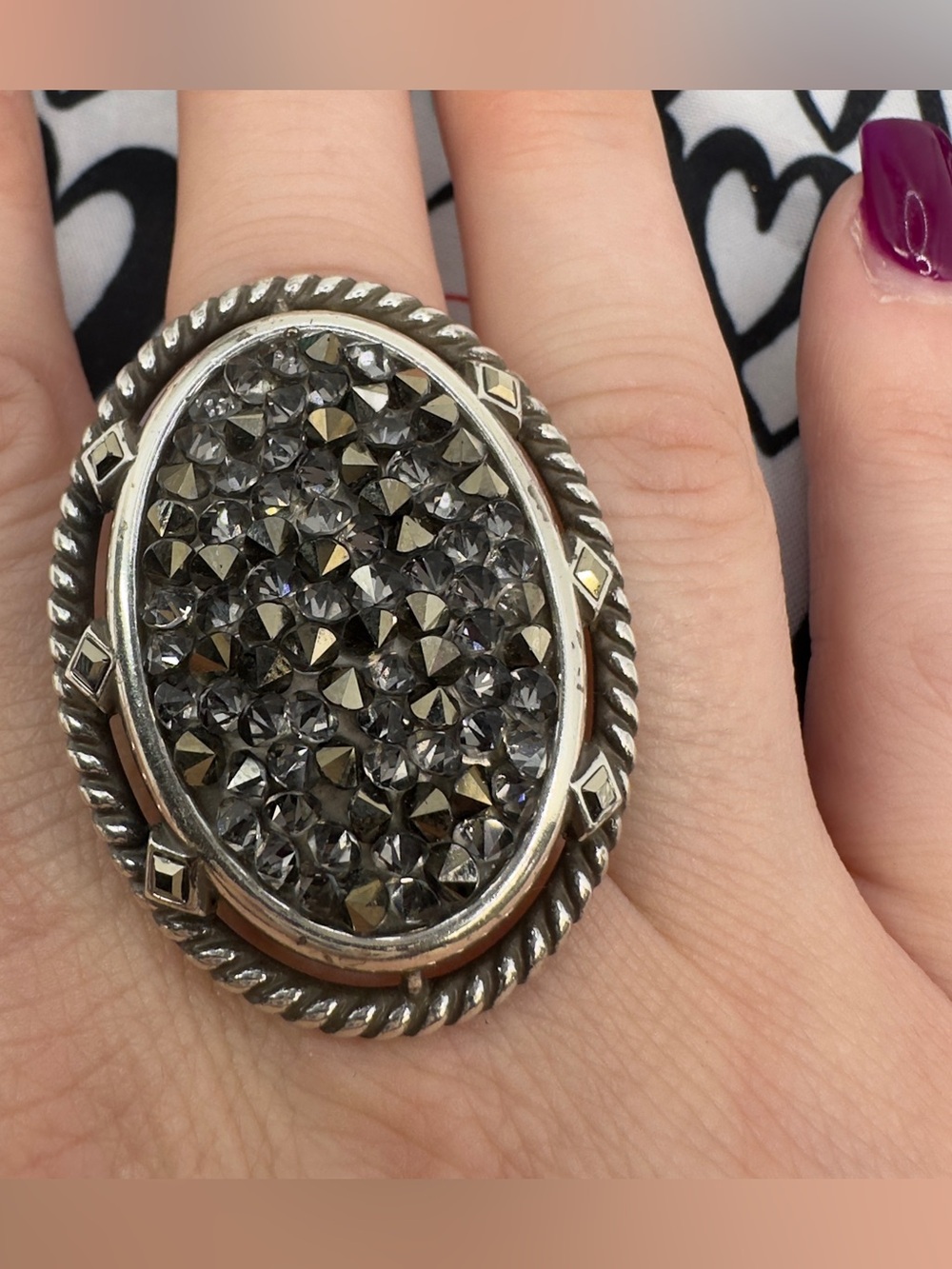 Brighton Crystal Silver Scroll Ring Size 9 Vintage Statement Scroll Work Band - Picture 6 of 11